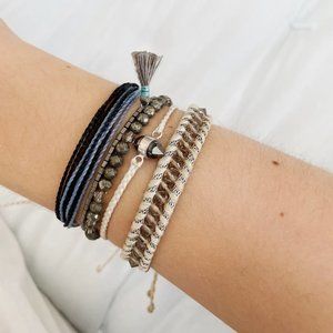 Pura Vida Bracelets, 5 gray beige blue and white stacking bracelets with crystal